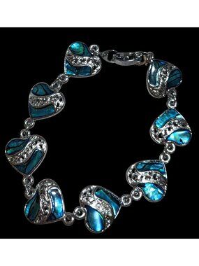 Boho Mermaidcore 90s Vintage Glacier Pearle by SJ Abalone Heart Silver Tone Brac